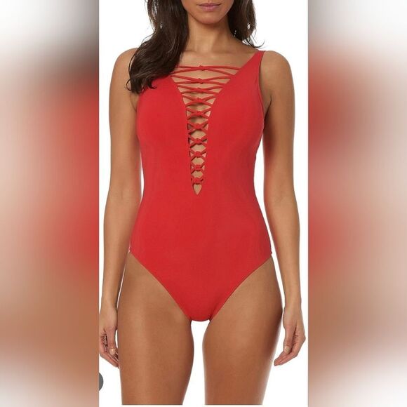 Bleu Rod Beattie Knotty But Nice Lace Down One-Piece Swimsuit NWOT Size 8 Red - Picture 1 of 4